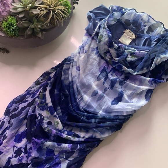 FUZZI Rouched mesh cowl neck watercolor blue fitted mesh mini dress xl women’s - Picture 5 of 5